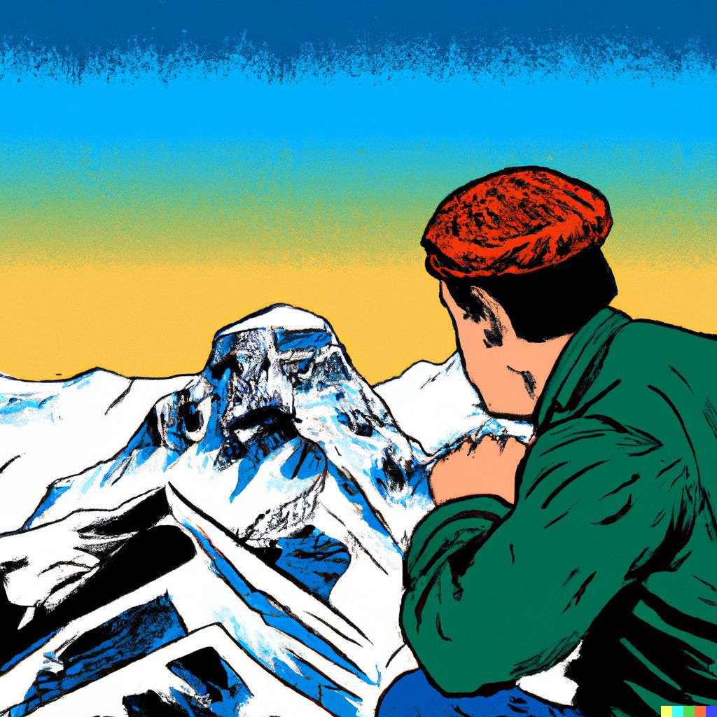 someone gazing at Mount Everest, retro comic art, triadic color scheme